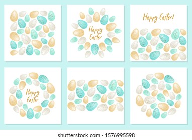 Cute set of luxury glamour Easter backgrounds with golden and silver dotted eggs, can be used for Easter template design, greeting card, banner etc, vector illustration