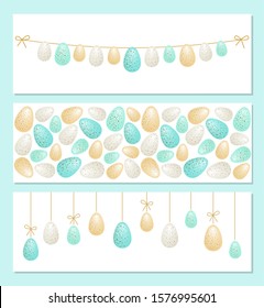 Cute set of luxury glamour Easter horizontal backgrounds as turquoise, golden and silver eggs, can be used for banner design, greeting card, menu etc, vector illustration