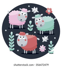 Cute  set made with sheep, flowers, animals, plants and bulbs