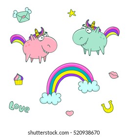 Cute set of magical elements, such as unicorn girl and unicorn boy, rainbow, clouds, heart, star, lips and other fairy things. Vector collection.