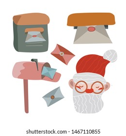 Cute set with mailboxes, letters and Santa Claus. Can be used for postcards, logos, avatars. Vector illustration.