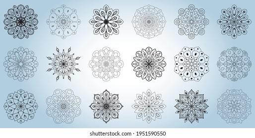 Cute set of Mandalas. Ornamental round doodle flowers isolated on white background. Geometric decorative ornaments in ethnic oriental style.