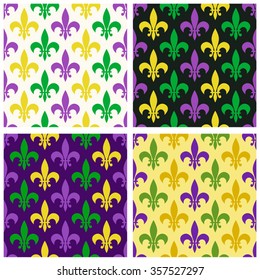 Cute set of Mardi Gras patterns with fleur de lis in traditional colors