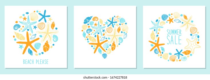 Cute set of marine background with hand drawn shells and starfishes for your decoration