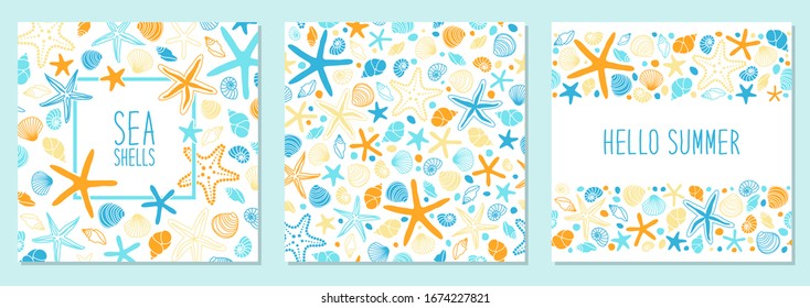 Cute set of marine background with hand drawn shells and starfishes for your decoration