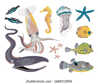cute set of marine life: puffer fish, butterfly fish, eel, starfish, squid, jellyfish, seahorse. modern flat vector illustration