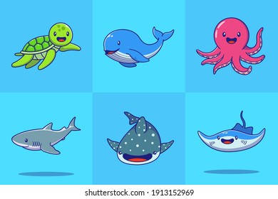Cute Set of Marine Life Turtle, Whale, Octopus, Shark, and Manta Ray. Flat Cartoon Vector Illustration Isolated.