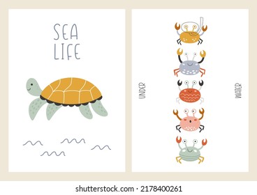 Cute set of marine posters with underwater animals. Vector illustrations of turtles and crabs on postcards