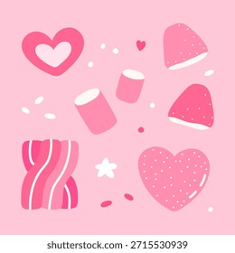 Lindo conjunto con mermelada, malvaviscos y dulces aislados sobre un fondo rosa. Vector ilustración dibujada a mano en un estilo plano. Perfecto para decoraciones, logotipo, menú, varios diseños. Comida dulce.