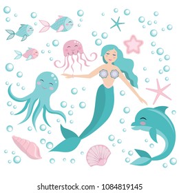 Cute set mermaid and dolphin, octopus, fish, jellyfish. underwater world collection.