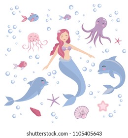 Cute set mermaid and dolphin, octopus, fish, jellyfish. underwater world collection.