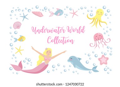 Cute set mermaid and dolphin, octopus, fish, jellyfish. underwater world collection. Sea frame, background