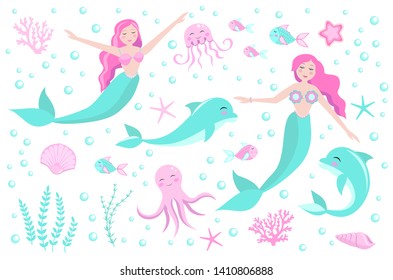 Cute set of mermaid princess and dolphin, octopus, fish, jellyfish, coral. underwater world collection. vector eps10