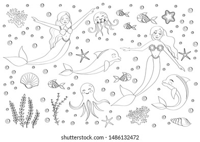 Cute set of mermaid princess and dolphin, octopus, fish, jellyfish, coral. underwater world collection. elements sketch outline doodle style. Coloring book page for kids. vector eps10