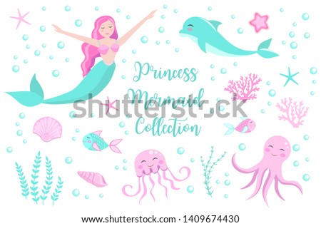 Cute set of mermaid princess and dolphin, octopus, fish, jellyfish, coral. underwater world collection. vector eps10