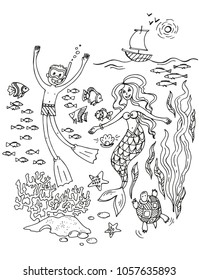 Cute set of Mermaid and underwater world. Fairy Princess mermaid and boy, octopus, seahorse, fish, jellyfish. Underwater in the sea is a mythical marine collection.