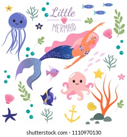 Cute set mermaid and underwater world. Fairytale princess mermaid and octopus, fish, jellyfish. Under water in the sea mythical marine collection