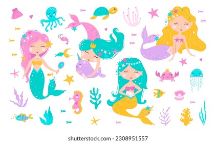 Cute set  with mermaids, leaves, seashells, seahorse and fish. Sea life. Vector illustration