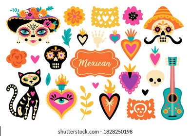 Cute set of mexican elements for Day of the dead Dia de los Muertos holiday. Childish print for cards, stickers, patches and apparel. Vector illustration