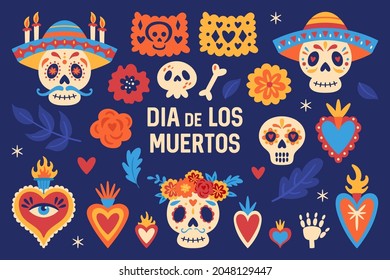 Cute set of Mexican elements for Day of the dead Dia de los Muertos holiday. Childish print for cards, stickers, patches and apparel. 