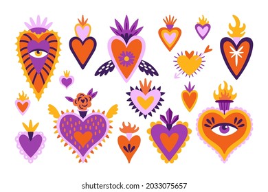 Cute set of mexican sacred hearts for Day of the dead Dia de los Muertos holiday. Childish print for cards, stickers, patches and apparel