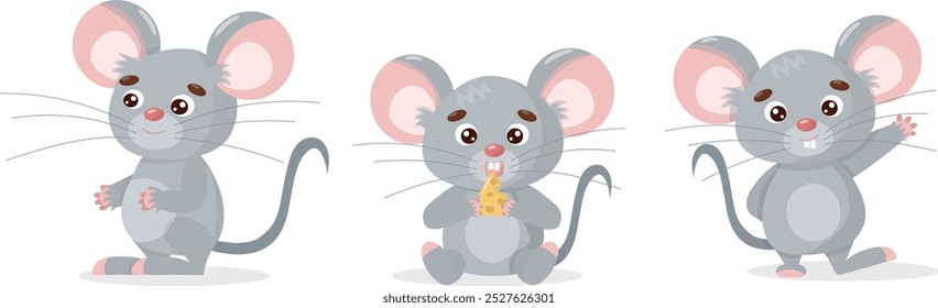 Cute set of mice. Sitting, walking, greeting. Set for design in children's cartoon style. Vector illustration for designs, prints, postcards and patterns. Vector illustration