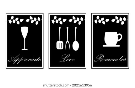 Cute set of minimalistic kitchen essential items with romantic lettering. Scandinavian minimalist. Three pieces poster design. Fork, spoon and wine glass. Flat cartoon vector illustration
