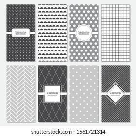 Cute set of minimalistic Scandinavian vertical card templates based on geometric seamless patterns in neutral colors palette, vector illustration for your decoration