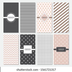Cute set of minimalistic Scandinavian vertical card templates based on geometric seamless patterns in neutral colors palette, vector illustration for your decoration