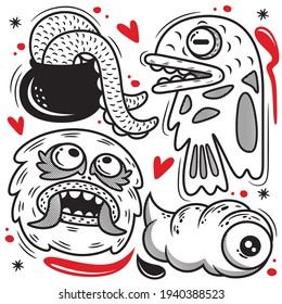 Cute Set Monster Cartoon. Doodle Vector Icon Illustration, Isolated on White Background