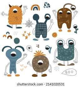 Cute set of cute monsters with different emotions on a white background. Vector illustration for textiles, posters and clothes decoration