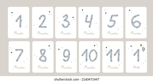 Cute Set Of Monthly Milestone Cards. Baby Postcards With Numbers And Stars For A Newborn Boy Or Girl. Print Baby Shower, Baby's Birthday. Kids Collection Of 1-11 Months And 1 Year. Nursery Design