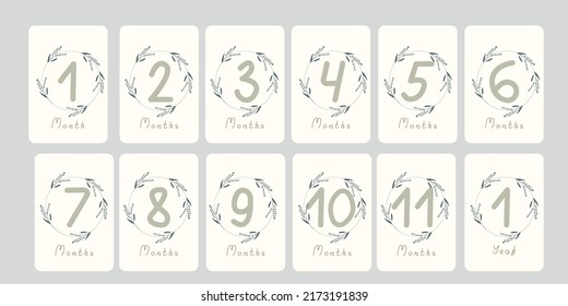 Cute set of monthly milestone cards. Baby postcards with numbers and flowers for a newborn boy or girl. Print baby shower, baby's birthday. Kids collection of 1-11 months and 1 year. Nursery design