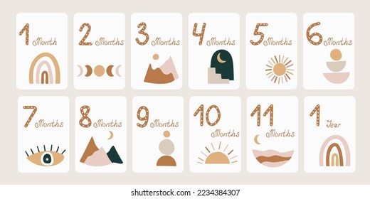 Cute set of monthly milestone cards. Baby postcards with numbers for a newborn boy or girl style boho. Print baby shower, baby's birthday. Kids collection of 1-11 months and 1 year. Nursery design