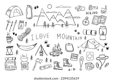 Cute set of mountains, camping, hiking elements in doodle style. Climbing. Picnic, travel accessories and equipment. Travel design. Adventure. Hand drawn vector illustration Great for prints, poster