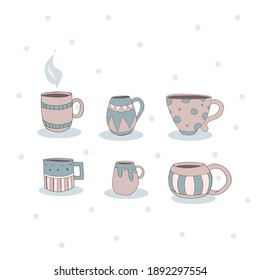Juego de taza, taza, ilustración vectorial dibujada a mano de dibujos animados. Se puede usar para imprimir camisetas, los niños usan diseño de moda, 
tarjeta de invitación para ducha de bebé