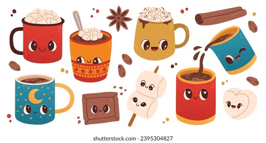 Geräumige Becher mit heißem Kakao oder Kaffee, Marshmallows. Für Grußkarten, Einladungen, Poster oder Aufkleber