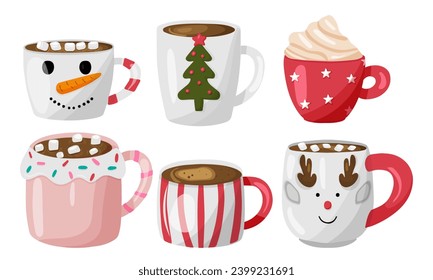 Cute set of mugs with hot cocoa or coffee, marshmallows. Christmas chocolate cups. For greeting cards, party invitations, posters or stickers.  New year vector illustration