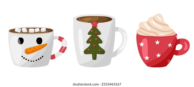 Cute set of mugs with hot cocoa or coffee, marshmallows. Christmas chocolate cups. For greeting cards, party invitations, posters or stickers. New year vector illustration