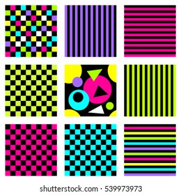 Cute set of neon bright seamless geometric patterns in 80's style