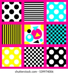 Cute set of neon bright seamless geometric patterns in 80's style