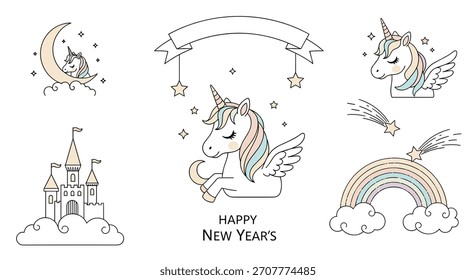 Cute set of new year themed unicorn illustrations with a castle rainbow and shooting stars in a simple pastel line art style.