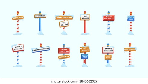 Cute set of North Pole signs or Christmas and winter themed symbol. Christmas icon north pole sign with snow and ice, winter holiday xmas symbol. Vector illustration in flat style, eps 10.