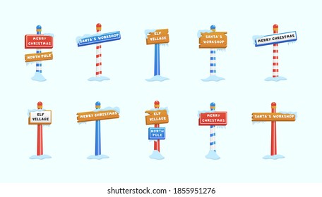 Un conjunto de carteles del Polo Norte o un símbolo con temática navideña e invernal. Icono de Navidad en el poste norte con nieve y hielo, símbolo de navidad de invierno. Ilustración vectorial en estilo plano, eps 10.