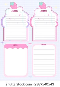 Cute set notes menu cupcakes memo kawaii cartoon style for inspiration with strawberry pink color