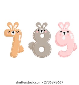 A cute set of numbers from 1 to 9 in the shape of animals, done in a playful doodle style. This flat vector illustration features delicate colors. Perfect for children's designs, birthdays, educational, and holiday projects.