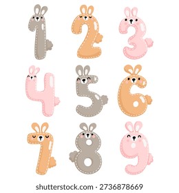 A cute set of numbers from 1 to 9 in the shape of animals, done in a playful doodle style. This flat vector illustration features delicate colors. Perfect for children's designs, birthdays, educational, and holiday projects.