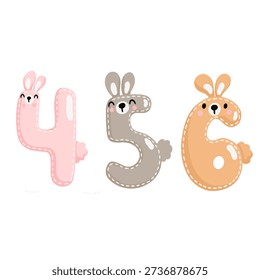 A cute set of numbers from 1 to 9 in the shape of animals, done in a playful doodle style. This flat vector illustration features delicate colors. Perfect for children's designs, birthdays, educational, and holiday projects.