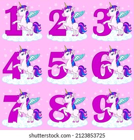 Cute set of numbers for birthday or holidays.Unicorn on a starry background. Magic unicorn. Vector design on a pink background. Print for t-shirt. Romantic hand drawn illustration for children. 
