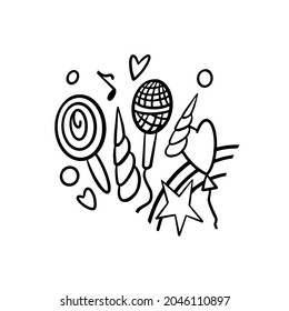 Cute set objects hand drawn contour vector illustration for design and printing. Invitation to festival, children party.